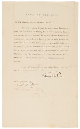 Lot #97 Thomas Edison Signed 1888 Phonograph