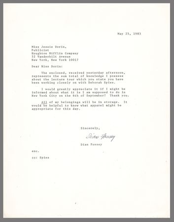 Lot #133 Dian Fossey Typed Letter Signed