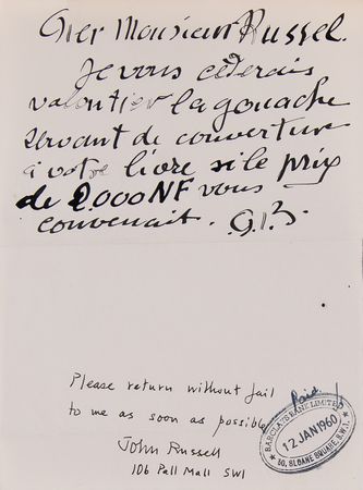 Lot #208 Georges Braque Autograph Note Signed with Cover Design Material for G. Braque (1959) - Image 2