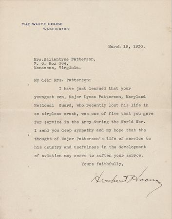 Lot #35 Herbert Hoover Typed Letter Signed as President, Consoling the Mother of a Fallen Airman: 