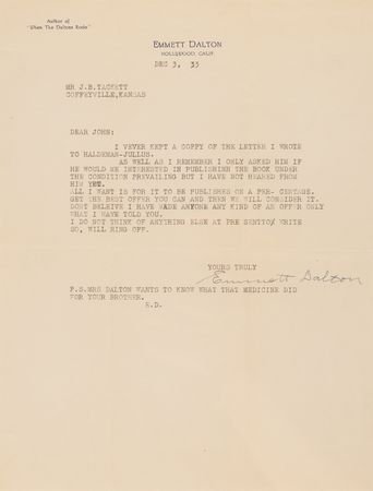 Lot #113 Emmett Dalton Typed Letter Signed,