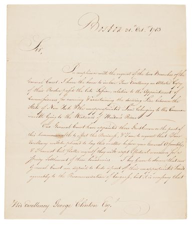 Lot #72 John Hancock Letter Signed as Massachusetts Governor to George Clinton, Concerning the Massachusetts–New York Boundary (October 31, 1783) - Image 1