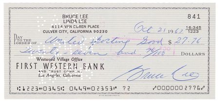 Lot #513 Bruce Lee Filled Out and Signed Check,