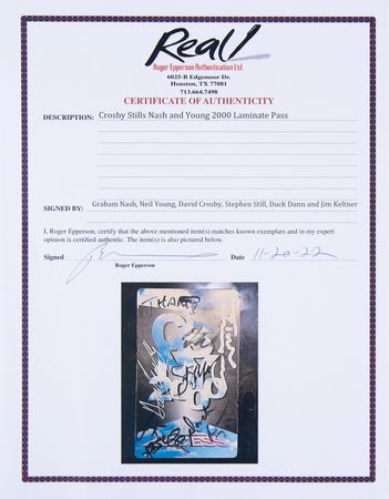 Lot #423 Crosby, Stills, Nash, and Young Signed CSNY 2000 All-Access Pass - Image 2