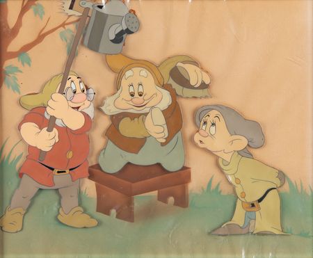 Lot #605 Doc, Happy, and Dopey production cels