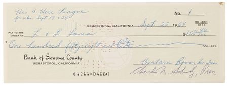 Lot #725 Charles Schulz Signed Check for an L & L