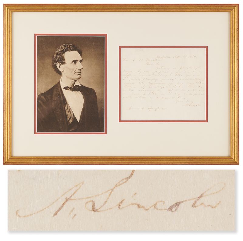 Lot 5019 Abraham Lincoln Examines Debate Claims Made by Opponent Stephen Douglas, Verifying a Republican Ally’s Stance “against the admission of any more Slave States” – “If his allegation be true, burn this without answering it”