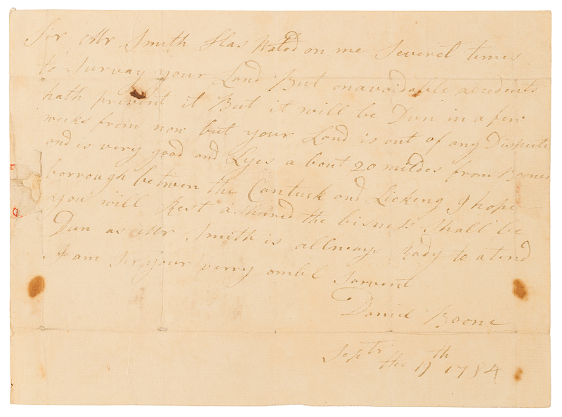 Lot 5037 Daniel Boone Autograph Letter Signed as Deputy Surveyor, Referencing Land “20 Miles from Boonesborrough” (1784)
