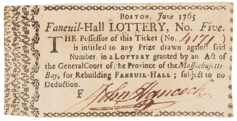Lot 5004 John Hancock Signed 1765 Faneuil Hall Lottery Ticket, Endorsed by Boston Tea Party Patriot Edward Proctor