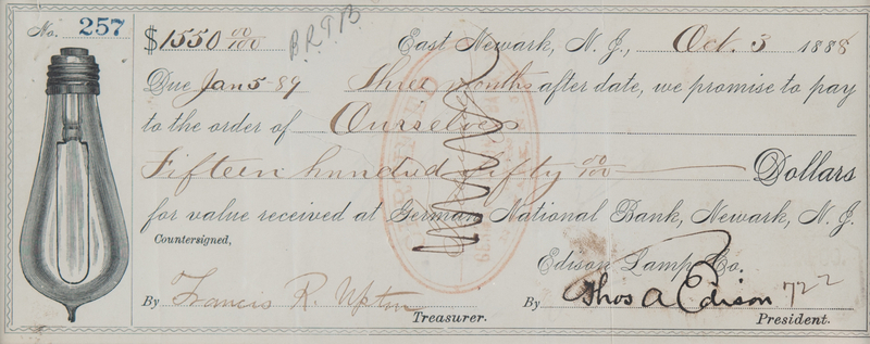Lot 5064 Thomas Edison and Francis R. Upton Signed Promissory Note from Edison Lamp Co., with Handsome Light Bulb Vignette
