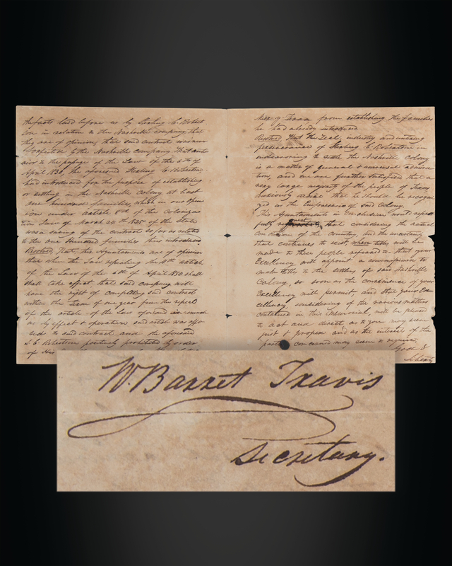 Lot 5038 William Barret Travis Document Signed - 1834 Texas Colonization Petition, a Legal Flashpoint on the Road to the Alamo