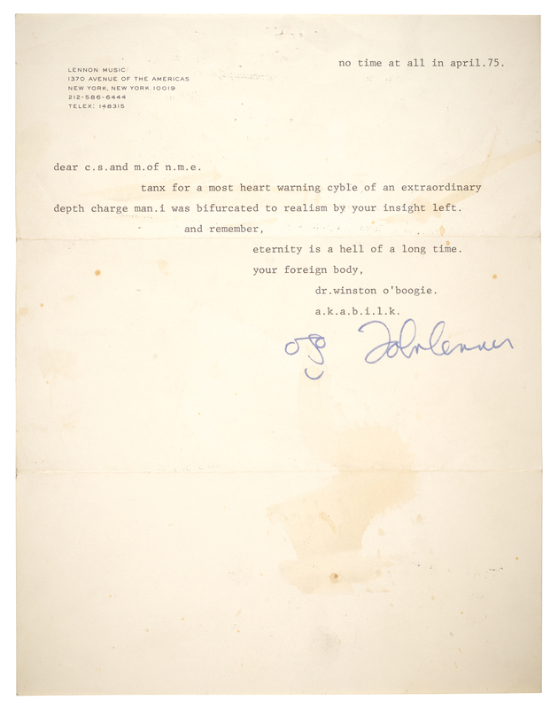 Lot 5094 John Lennon Typed Letter Signed with Self-Portrait Sketch - “no time at all in april .75”