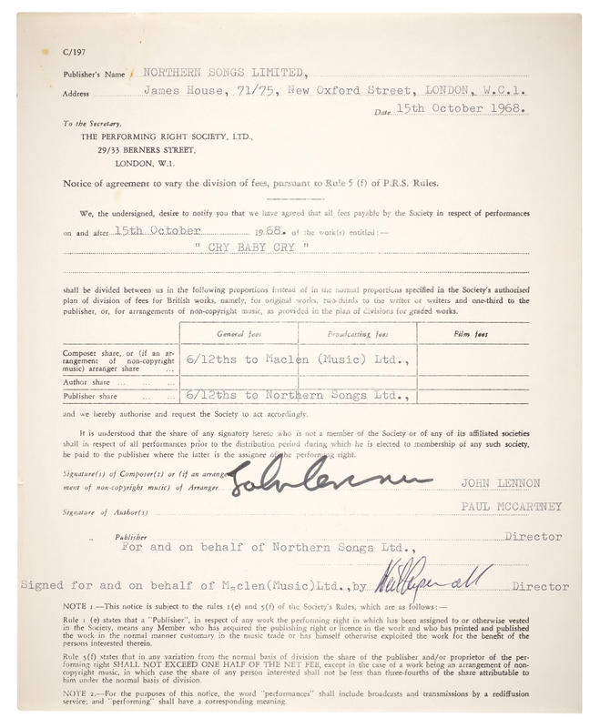 Lot 5095 John Lennon and Neil Aspinall Signed Performance Rights Agreement for 'Cry Baby Cry'