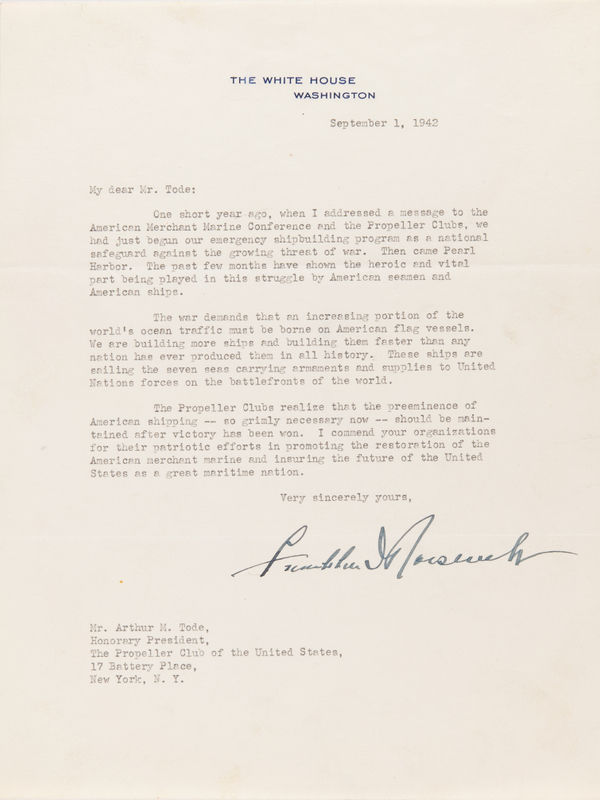 Lot 5024 Franklin D. Roosevelt War-Dated Typed Letter Signed as President on the American Merchant Marine After Pearl Harbor