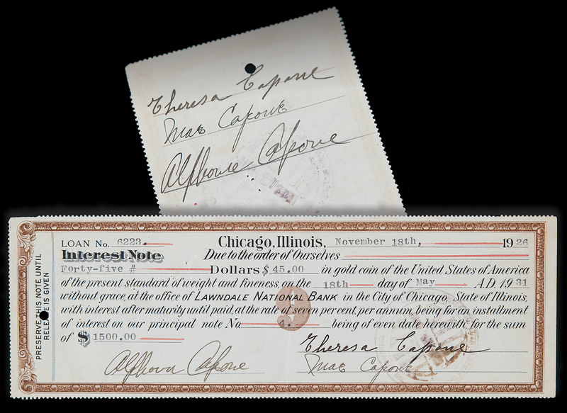 Lot 5109 Al Capone and Family Twice-Signed 'Gold Coin' Chicago Bank Document