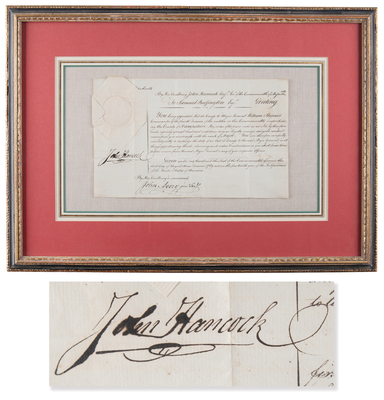 Lot 5005 John Hancock Document Signed as Governor of Massachusetts, Appointing a Veteran of Shays' Rebellion