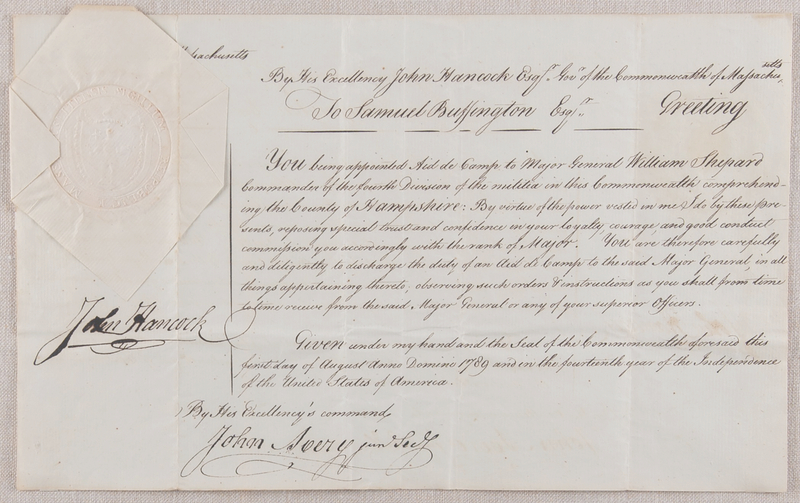 Lot 5005 John Hancock Document Signed as Governor of Massachusetts, Appointing a Veteran of Shays' Rebellion