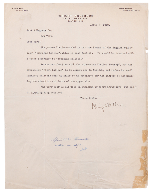Lot 5067 Wilbur Wright Typed Letter Signed to Dictionary Publisher Funk & Wagnalls on the Language of Flight: 