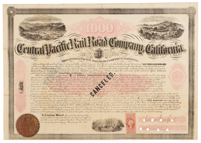 Lot 5041 Leland Stanford Signed Bond of the Central Pacific Railroad Company of California - A Security Used to Finance the First Transcontinental Railroad