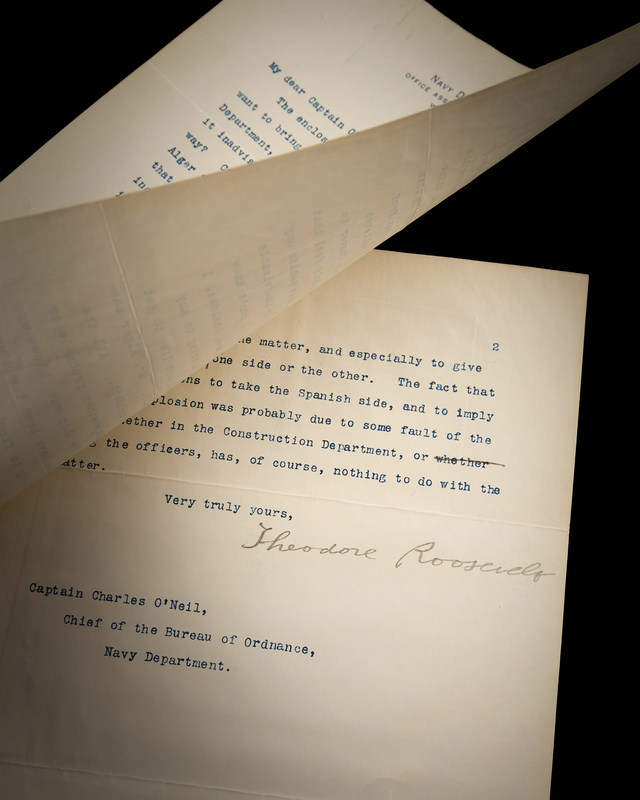 Lot 5023 Theodore Roosevelt Typed Letter Signed on the USS Maine Disaster, Written Thirteen Days After the Explosion (February 28, 1898) - “It certainly is possible that the ship was blown up by a mine