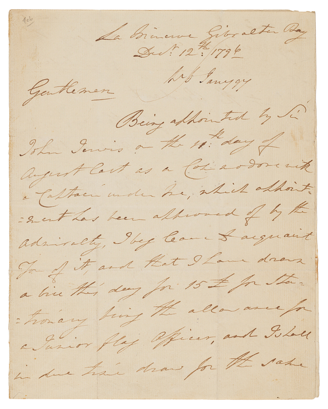 Lot 5048 Horatio Nelson Autograph Letter Signed, Announcing His Promotion to Commodore from Gibraltar Bay - A Scarce Pre-Amputation Autograph