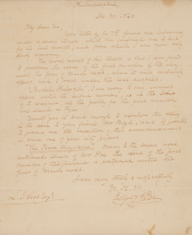Lot 5083 Edgar Allan Poe Autograph Letter Signed, Delaying His Literary Dream: 