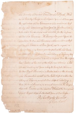 Lot #5044 King William's War: Archive of Letters and Documents Signed by King William III, Queen Mary II, and Colonial Governors of North America, for 
