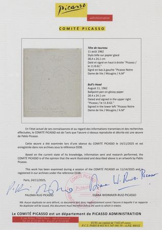 Lot #5074 Pablo Picasso Twice-Signed Sketch - Bull in Profile (1962) - Image 6