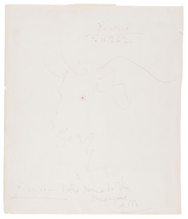 Lot #5074 Pablo Picasso Twice-Signed Sketch - Bull in Profile (1962) - Image 2