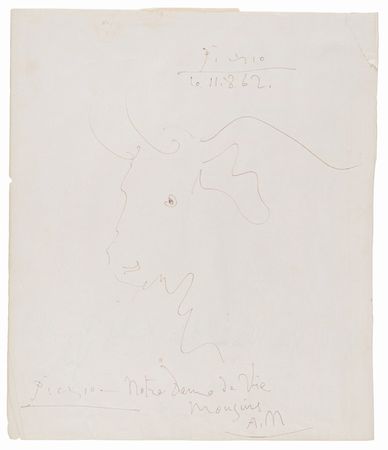 Lot #5074 Pablo Picasso Twice-Signed Sketch - Bull in Profile (1962) - Image 2