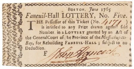 Lot #5004 John Hancock Signed 1765 Faneuil Hall Lottery Ticket, Endorsed by Boston Tea Party Patriot Edward Proctor - Image 1