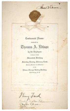 Lot #5063 Thomas Edison and Henry Ford Signed Program from Edison's 70th Birthday Testimonial Dinner - Image 1