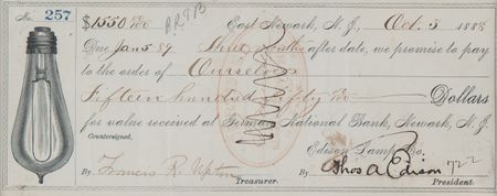 Lot #5064 Thomas Edison and Francis R. Upton Signed Promissory Note from Edison Lamp Co., with Handsome Light Bulb Vignette - Image 1
