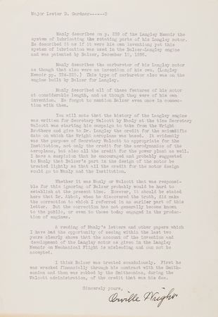 Lot #5068 Orville Wright Typed Letter Signed on the 'Wright/Smithsonian' Controversy and the Development of Langley's Airplane Motor - Image 3