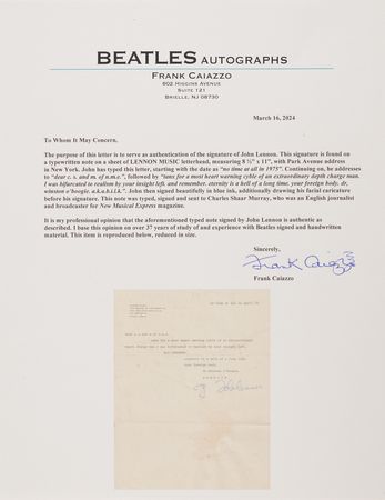 Lot #5094 John Lennon Typed Letter Signed with Self-Portrait Sketch - “no time at all in april .75” - Image 2