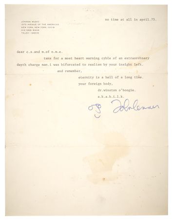 Lot #5094 John Lennon Typed Letter Signed with Self-Portrait Sketch - “no time at all in april .75” - Image 1