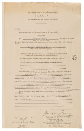 Lot #5055 Nuremberg Trials: Hermann Goring Document Signed, Summoning a Witness to Address the Killing of 'Great Escape' POWs 