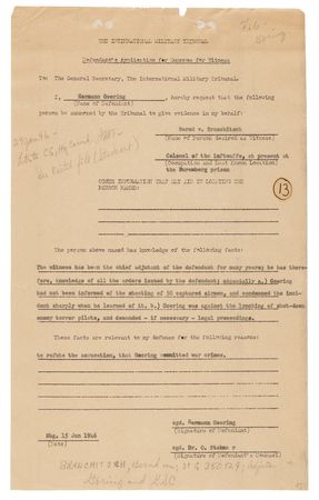 Lot #5055 Nuremberg Trials: Hermann Goring Document Signed, Summoning a Witness to Address the Killing of 'Great Escape' POWs 