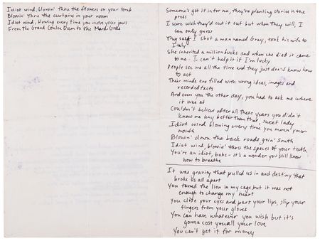 Lot #5090 Bob Dylan Handwritten Working Lyrics for Blood on the Tracks - Idiot Wind and You're Gonna Make Me Lonesome When You Go - Image 2