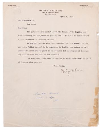 Lot #5067 Wilbur Wright Typed Letter Signed to Dictionary Publisher Funk & Wagnalls on the Language of Flight: 