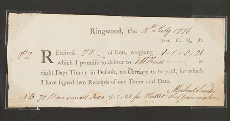 Lot #5002 Revolutionary War: Receipt Issued from New Jersey's Ringwood Ironworks, Dated July 4, 1776 - Image 2