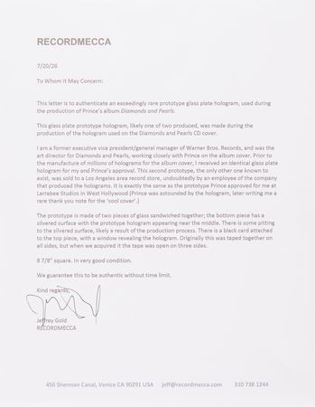 Lot #5100 Prince Original Prototype Glass Hologram for the ‘Diamonds and Pearls’ Album Cover, with Provenance Letter from the Project’s Art Director - Image 4