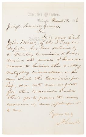 Lot #5021 Abraham Lincoln Civil War Autograph Letter Signed, Ordering the Review of a Court-Martial Conviction for “strong mitigating circumstances” (March 18, 1863) - Image 2