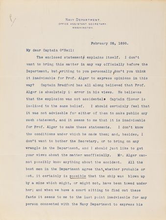 Lot #5023 Theodore Roosevelt Typed Letter Signed on the USS Maine Disaster, Written Thirteen Days After the Explosion (February 28, 1898) - “It certainly is possible that the ship was blown up by a mine