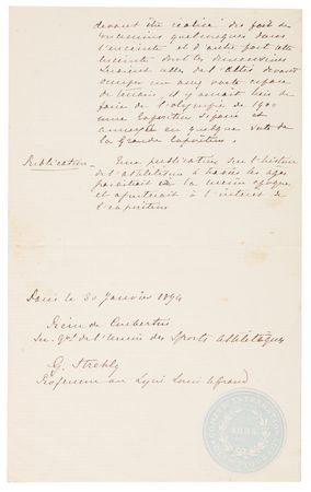 Lot #5111 Pierre de Coubertin Autograph Document Signed - His Handwritten Blueprint for the Revival of the Olympic Games, January 1894 - Image 4