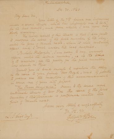 Lot #5083 Edgar Allan Poe Autograph Letter Signed, Delaying His Literary Dream: 