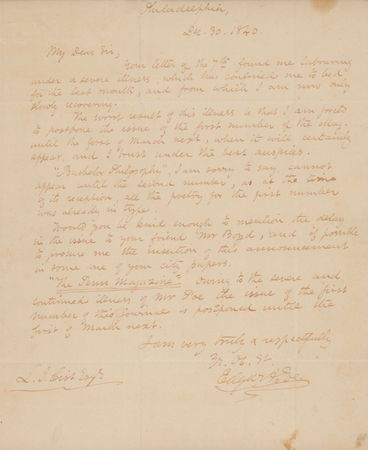 Lot #5083 Edgar Allan Poe Autograph Letter Signed, Delaying His Literary Dream: 