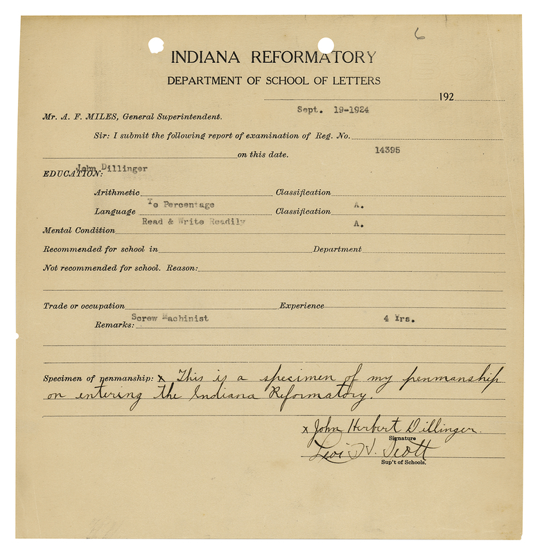 Lot 418 John Dillinger 'Indiana Reformatory School' Document Signed