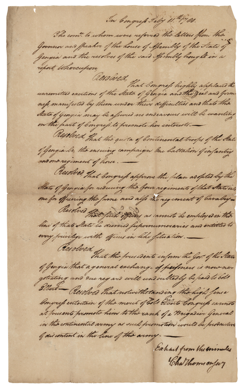 Lot 122 Charles Thomson Revolutionary War-Dated Document Signed (1780) on Georgia's Troop Quota and a Proposed Prisoner Exchange