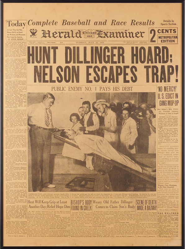 Lot 425 John Dillinger: Front Page of the Chicago Herald and Examiner, July 24, 1934 - 